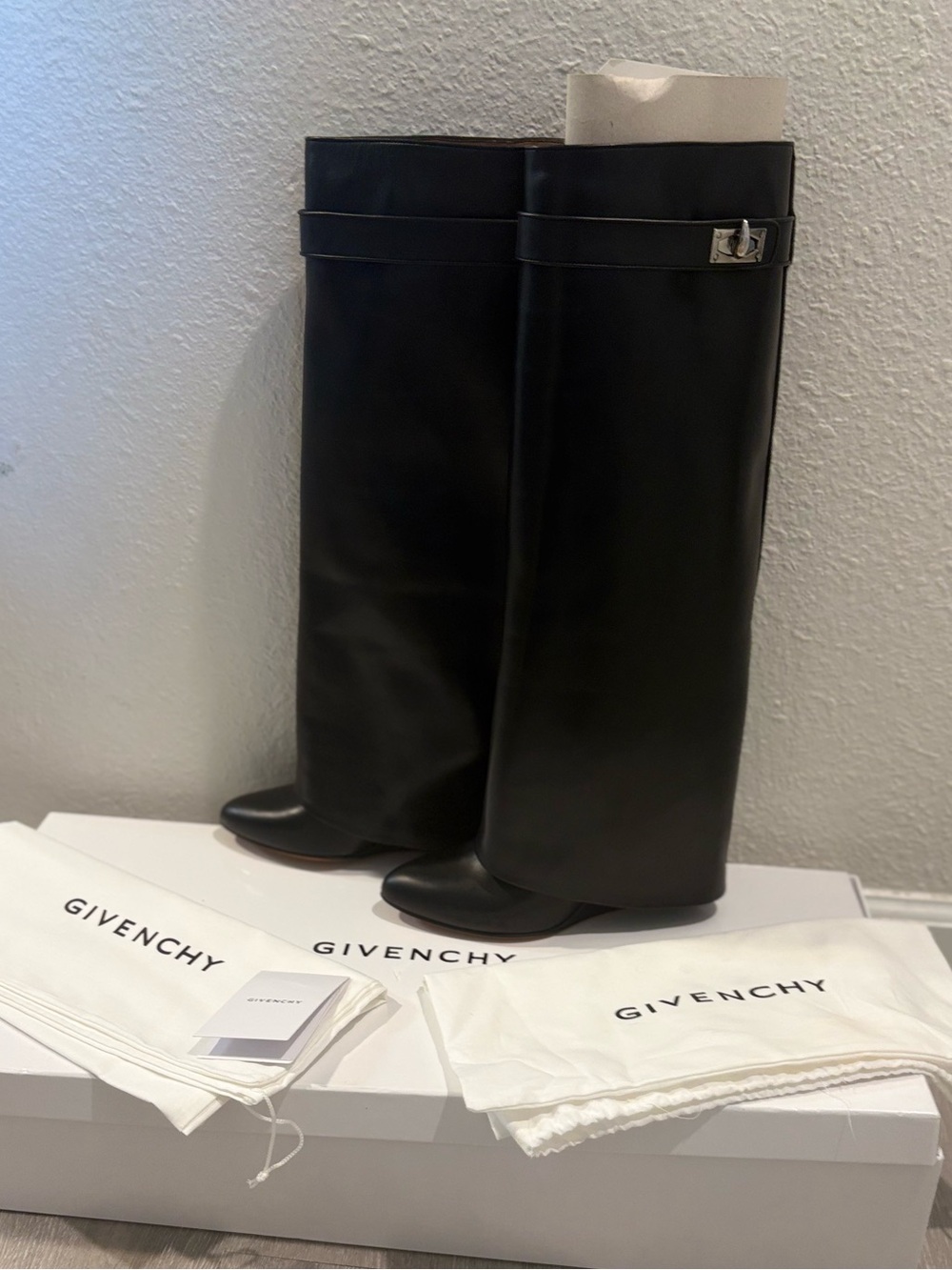 NWT Givenchy Shark Lock Black Leather Knee High Wedge Boots Size 39 1/2